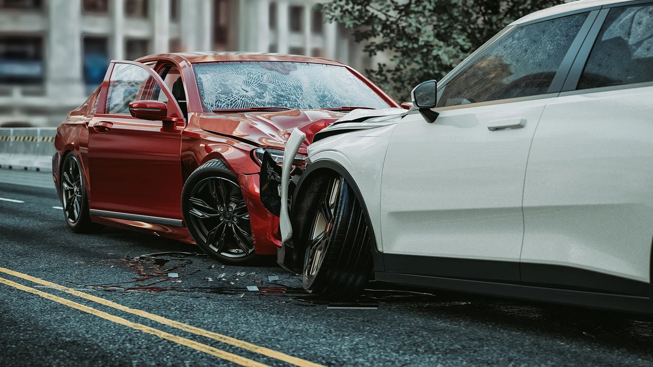 A red car and a white car involved in a head-on collision on a city street.