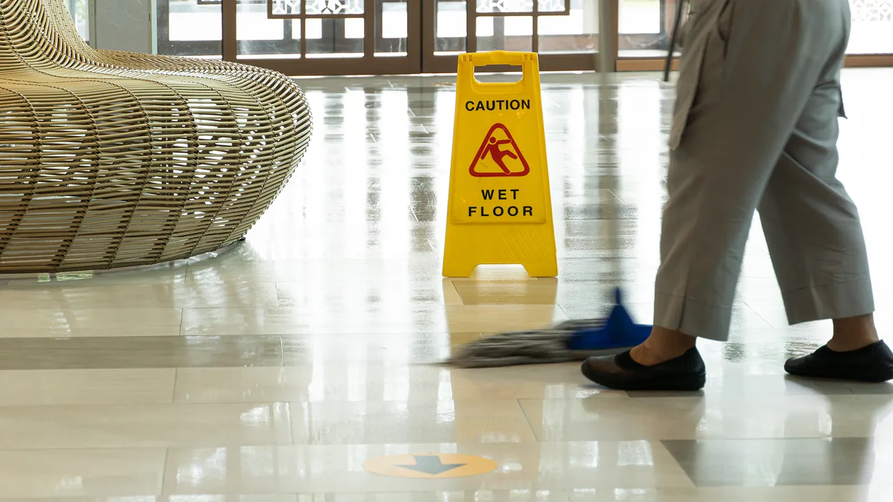 A person mopping a shiny tiled floor next to a yellow "Caution Wet Floor" sign.