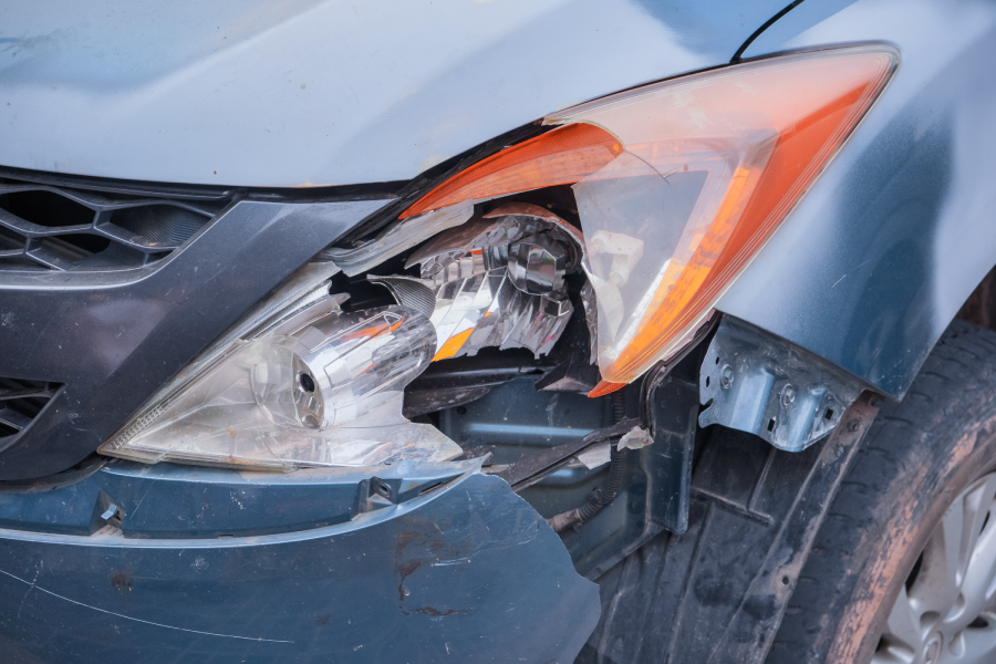 A broken car after a traffic accident.