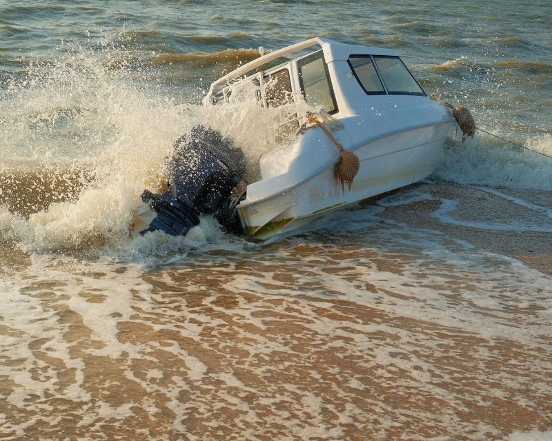white boat drowned in the waves of the sea stands on the shore with big waves