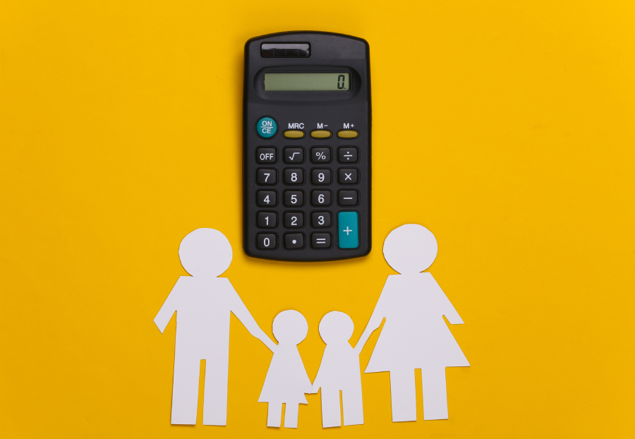 Paper happy family together with calculator on yellow background. Calculation of family expenses, budget