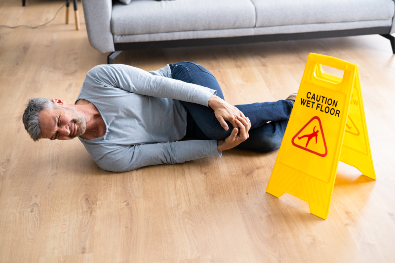 Slip Fall Accident. Floor Sign Caution And Safety