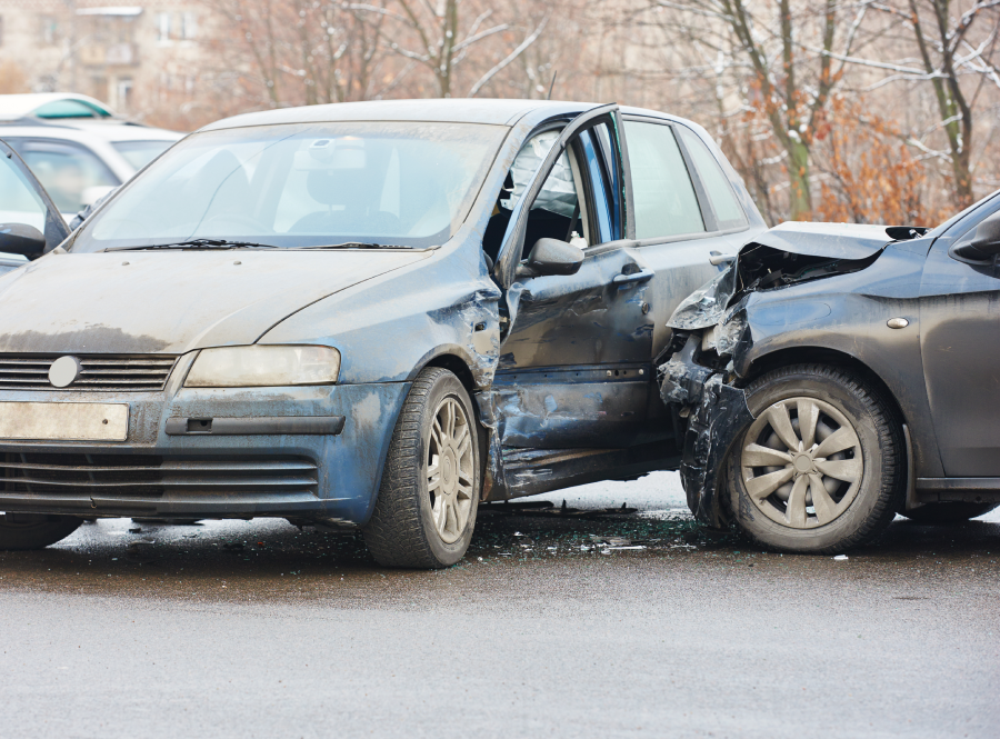 car crash accident on street, damaged automobiles after collision in city