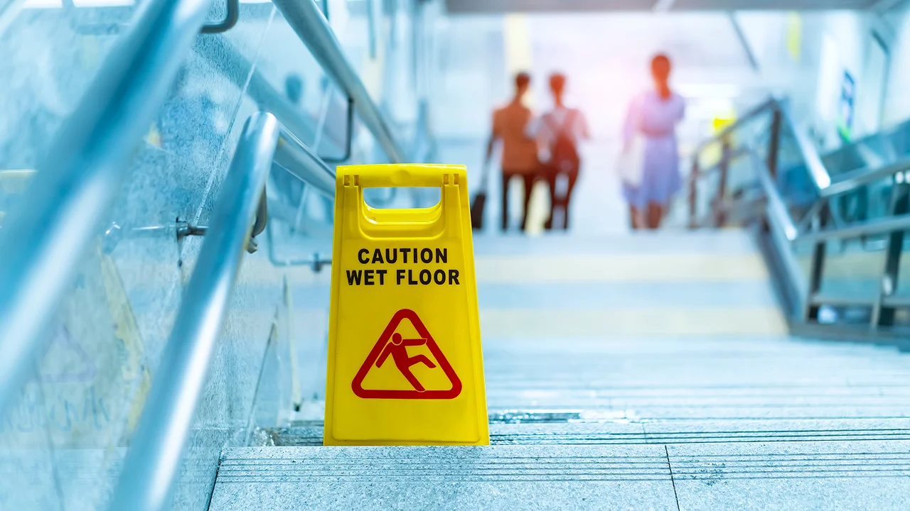 Yellow wet floor sign at the top of a staircase with people walking in the background.
